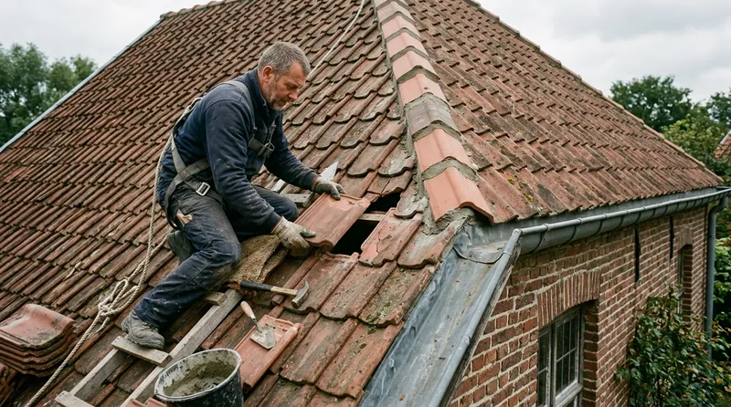 Dakherstelling: vervangen van gebroken dakpannen en herstellen van een lek